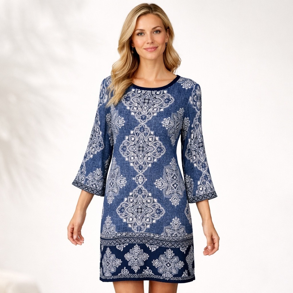 Max Studio New York Navy and White Patterned Dress. - Picture 1 of 6
